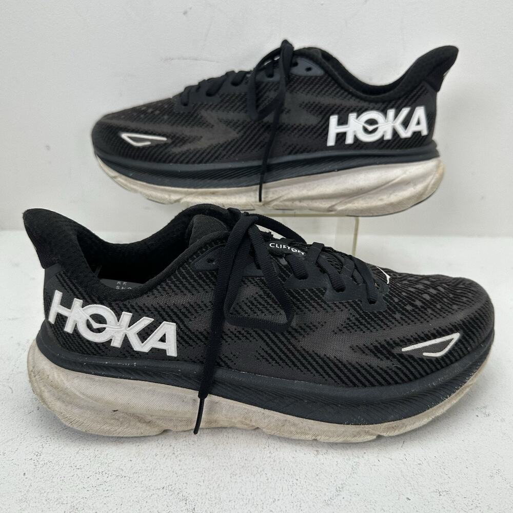 Hoka One One Clifton 9 BWHT Black White Running Shoes Sneakers Women's Size 9 B